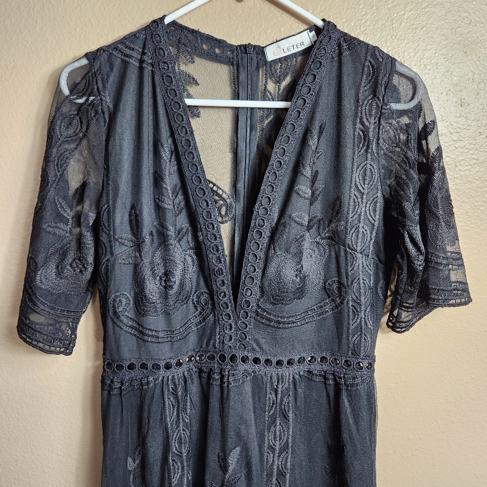 Eleter Womens Black Deep V-Neck Lace Romper Short Sleeve Long Dress-Size S - Picture 6 of 16